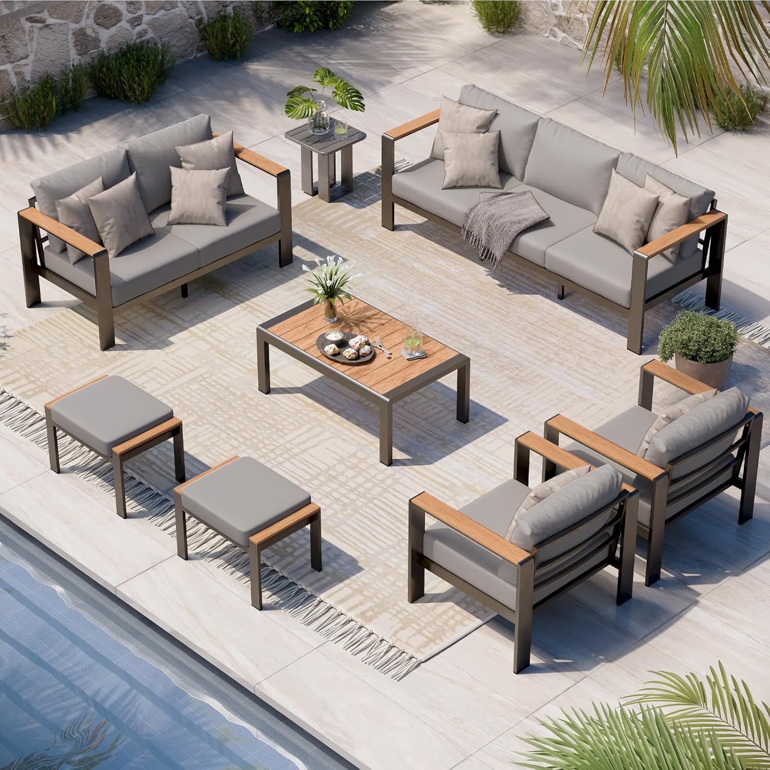 Aluminum Outdoor Patio Furniture Set with Coffee Table, 5 Piece Patio Conversation Sets, Outdoor Sectional Furniture for Porch, Balcony, Yard, Gray woonhhop