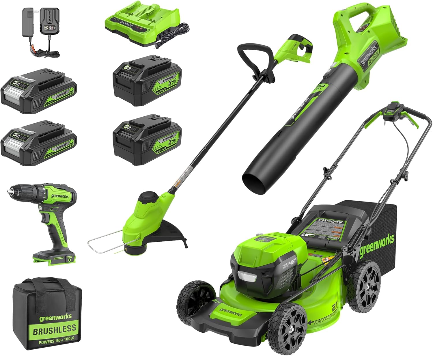 Greenworks 48V (24V x 2) 21" Brushless Self-Propelled Mower+12" String Trimmer+320CFM Blower wourant