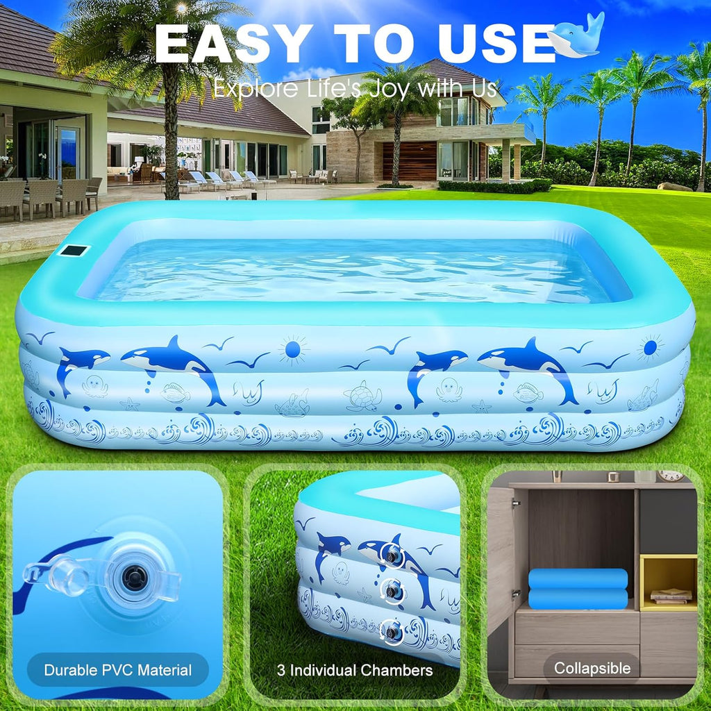 2026 Upgrade Inflatable Pools with Lights, Inflatable Swimming Pools for Adults, Blow Up Pool Solar, Large Pool, Durable Thickened Inflatable Pool for Backyard- Light Blue woonhhop