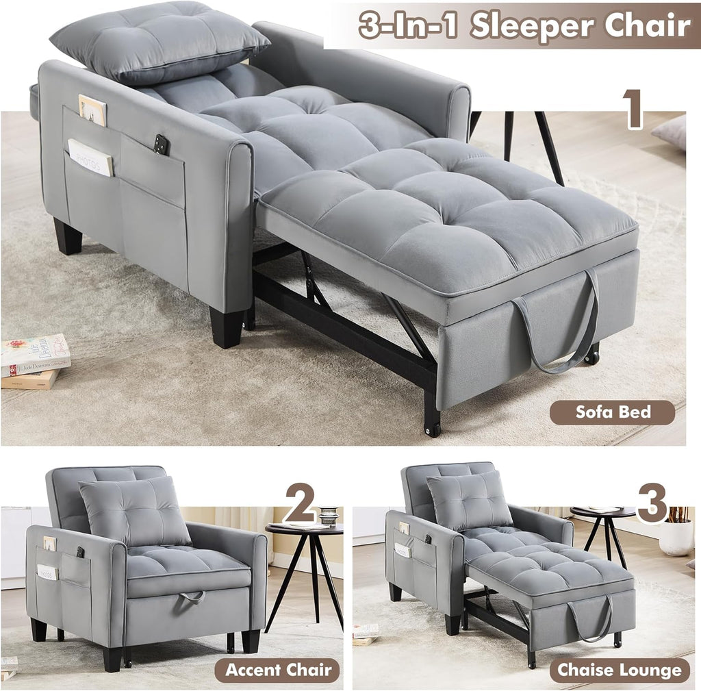 Convertible Sleeper Chair, 3 in 1 Sleeper Chair Bed Pull Out Sofa Bed Chairs, Velvet Single Sofa with Adjustable Backrest wourant