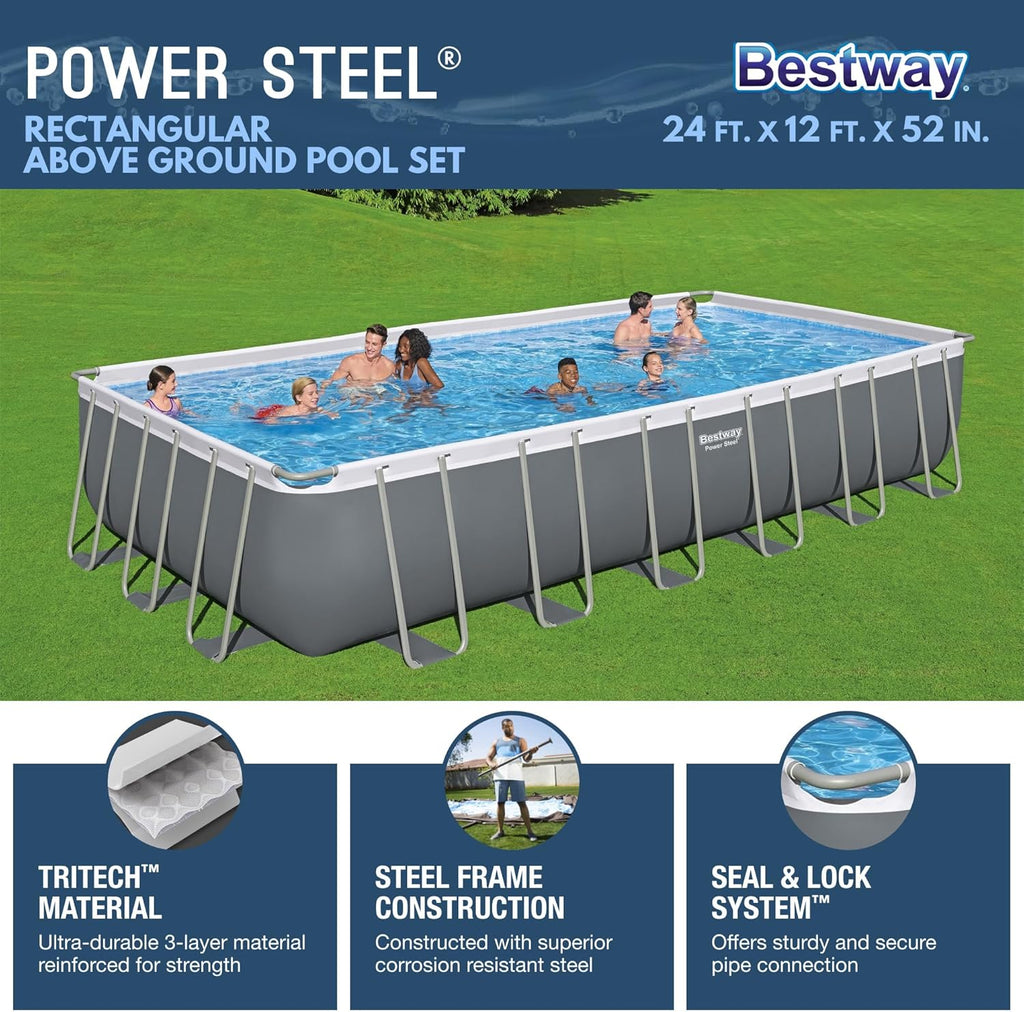 Power Steel 14' x 8'2" x 39.5" Oval Above Ground Pool Set | Includes 530gal Filter Pump, Ladder, ChemConnect Dispener wourant