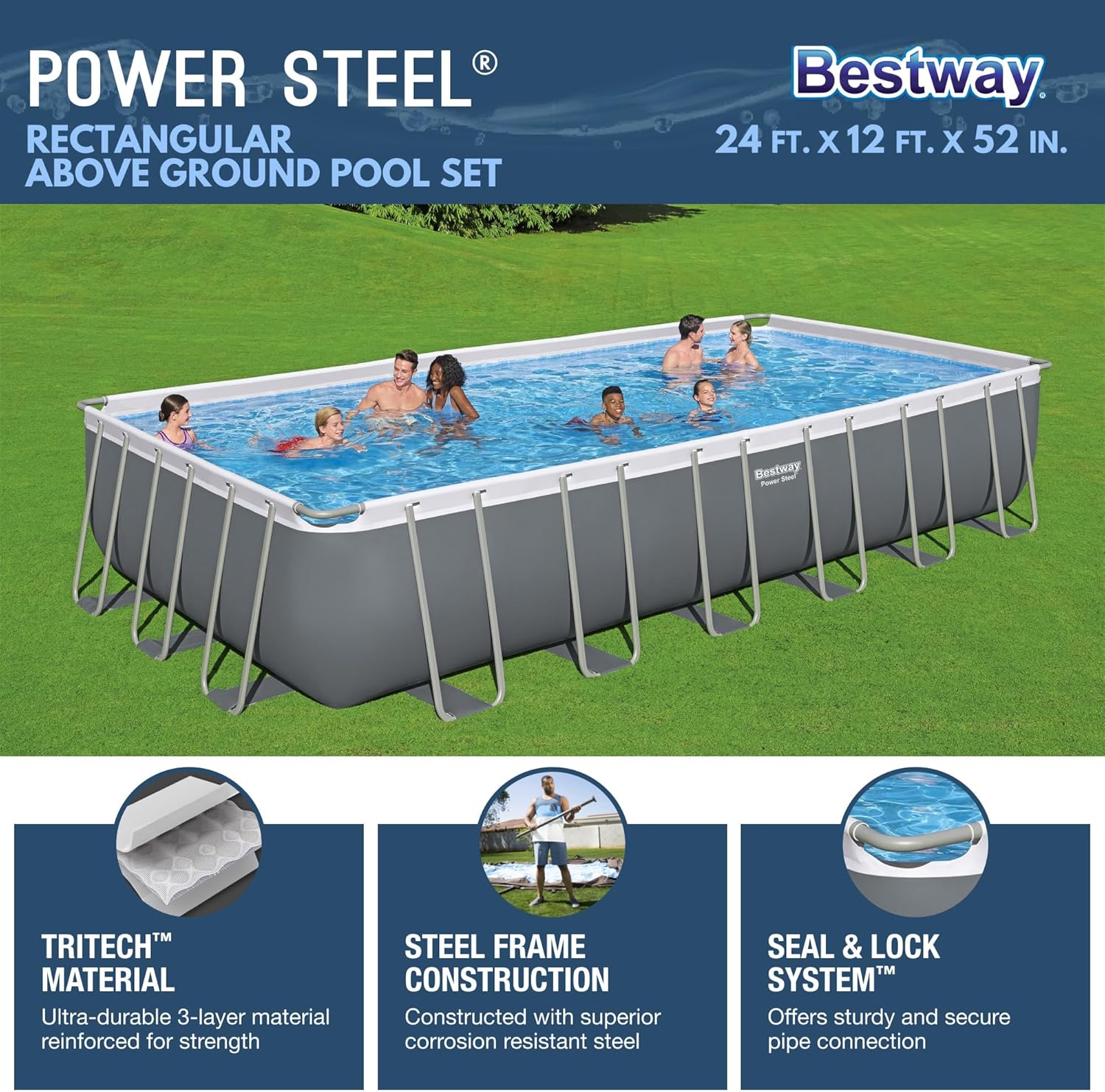 Power Steel 14' x 8'2" x 39.5" Oval Above Ground Pool Set | Includes 530gal Filter Pump, Ladder, ChemConnect Dispener wourant