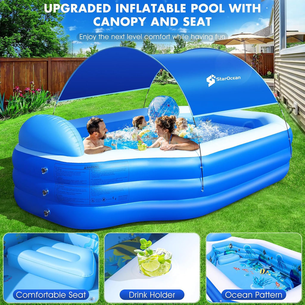 Inflatable Pool with Canopy, Large Inflatable Swimming Pool for Kids,Adult, Blow Up Pools with Seats,Backrest.Durable Thickened Inflatable Family Pools for Backyard,118"x75"x22"-Dark Blue woonhhop