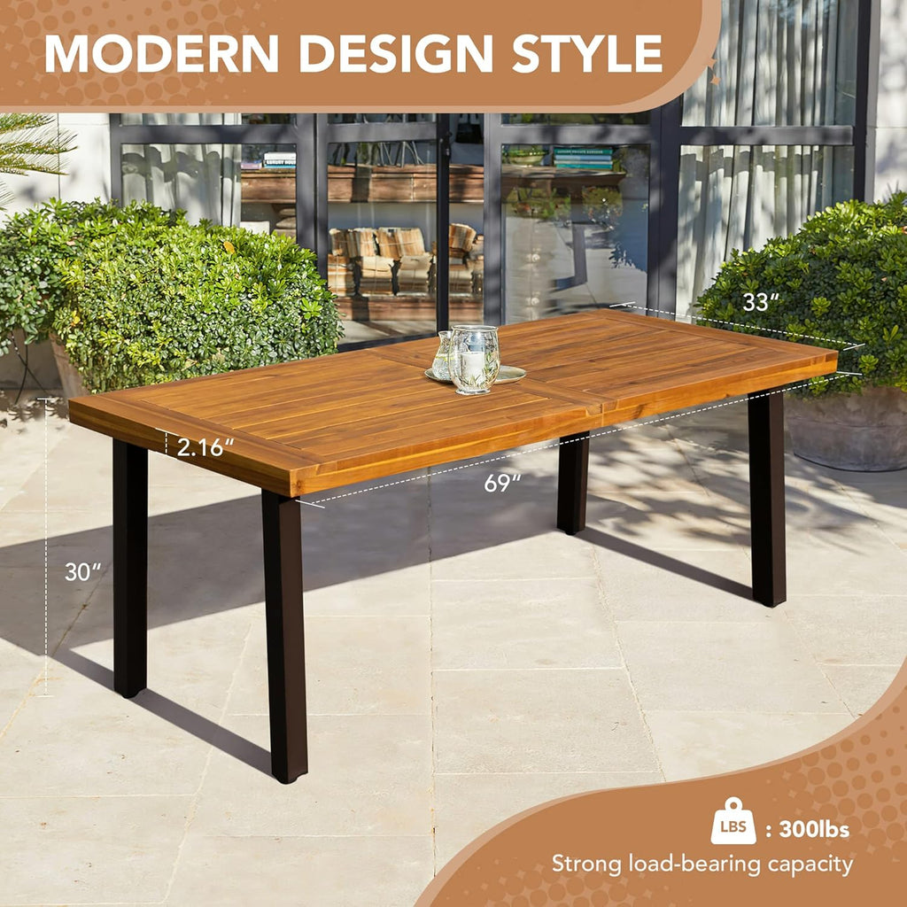 Devoko Home Acacia Wood Dining Table 6-Person Indoor Outdoor Table with Iron Legs, Sandblast Finish, Natural Stained, Rustic Metal, 69 * 33 * 30 inch (Natural) wourant