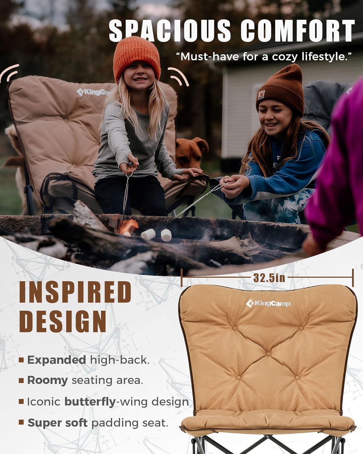 KingCamp Butterfly Chair, Oversized Thick Padded Comfy Camping Chairs Portable Folding Chair 400lbs Heavy Duty Seat with High Backrest & Carry Bag for Outdoor Indoor Patio Lawn Home Living Bed Room wourant