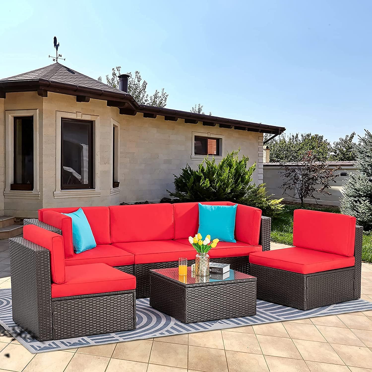 Vongrasig 5 Piece Patio Furniture Sets, Outdoor Patio Set Sectional Sofa, All-Weather PE Rattan Outdoor Couch with Ottoman, Glass Table for Garden, Backyard, Porch, Beige woonhhop