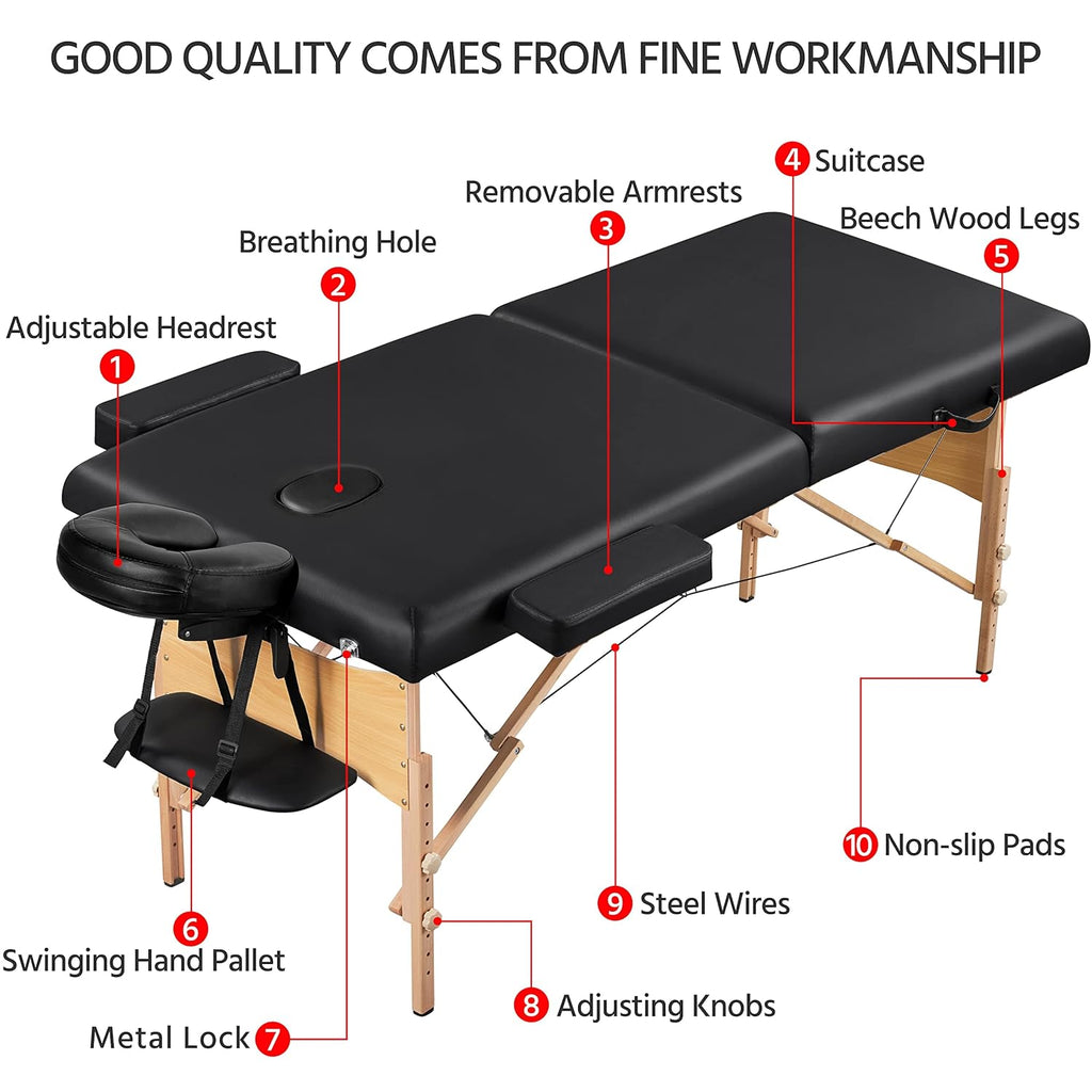 Yaheetech Massage Table Portable Lash Beds Spa Bed Massage Couch Foldable Spa Tables Adjustable 2 Fold with Non-Woven Bag 24 inch, Black wourant