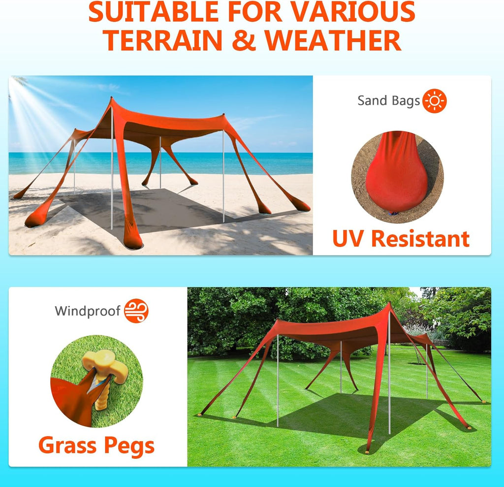 Beach Tent Sun Shelter, 10 x 10 FT Beach Canopy Tent Sun Shade Heavy Duty, UPF50+ Beach Tent Canopy with 8 Sandbags & 4 Stability Poles, Outdoor Beach Shade Canopy for Camping and Fishing, Blue wourant