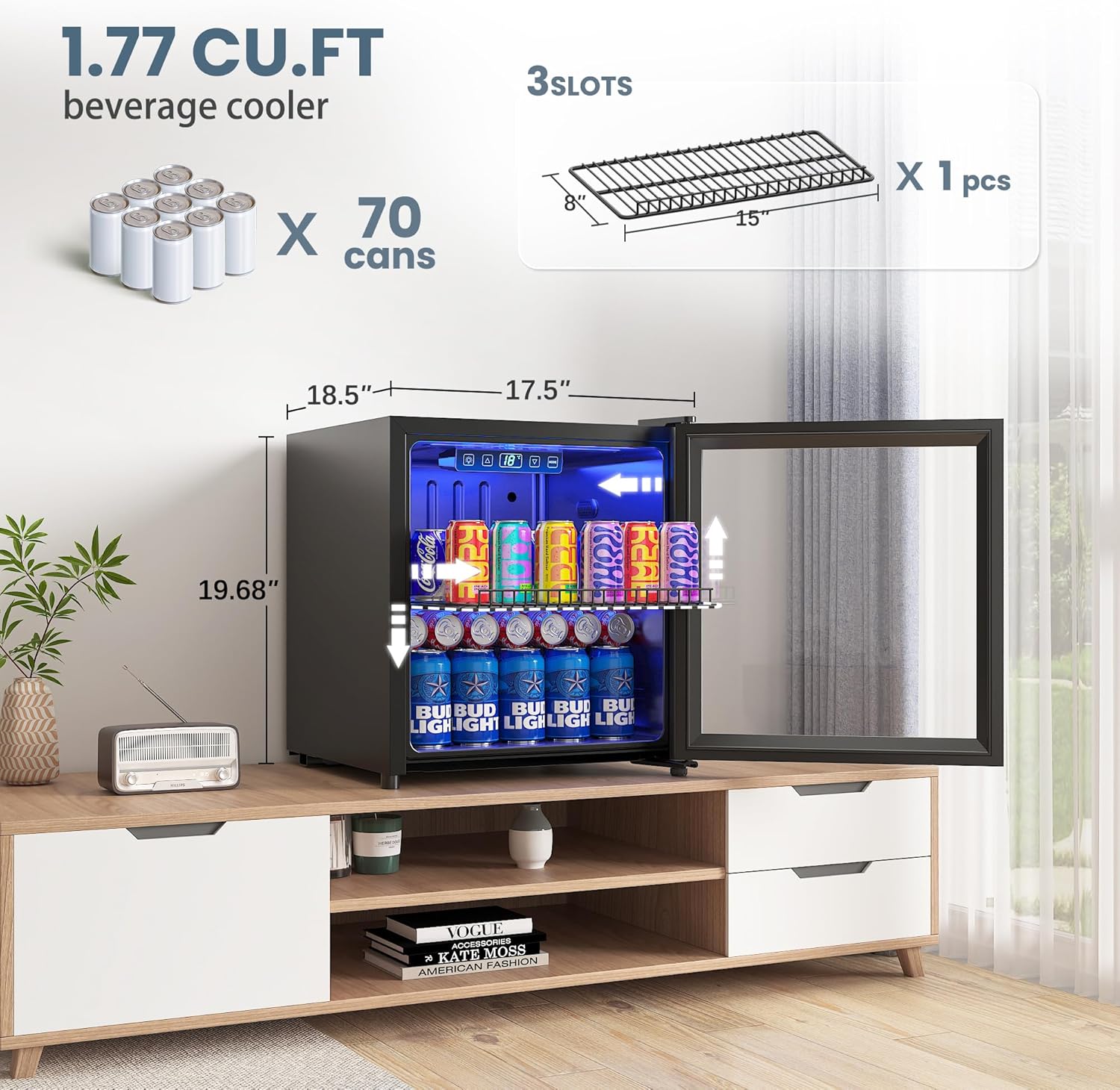 Beverage Refrigerator Cooler-120 Cans Freestanding Mini Fridge Cooler with Glass Door wourant