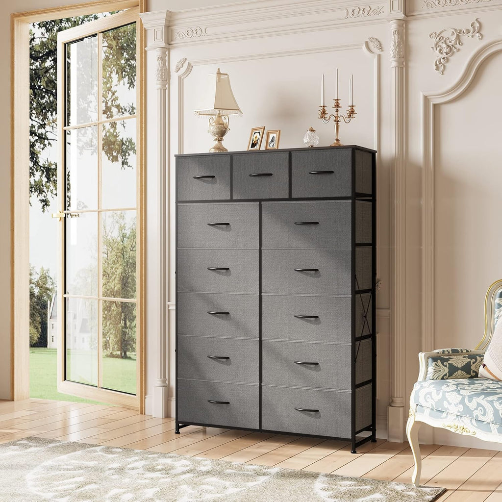 WLIVE Storage Organizer Unit with 13 Fabric Bins, Storage Drawers Organizer with Steel Frame, Tall Storage Tower Organizaton for Living Room, Hallway, Office, Charcoal Black wourant