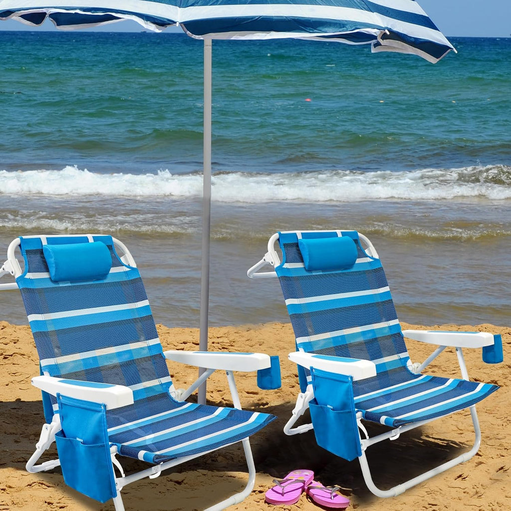 Beach Chair 2 Pack 5 Positions Textilene Folding Reclining Beach Chair with Backpack Straps Cooler Bag & Cup Holder for Outdoor Lawn Camping wourant