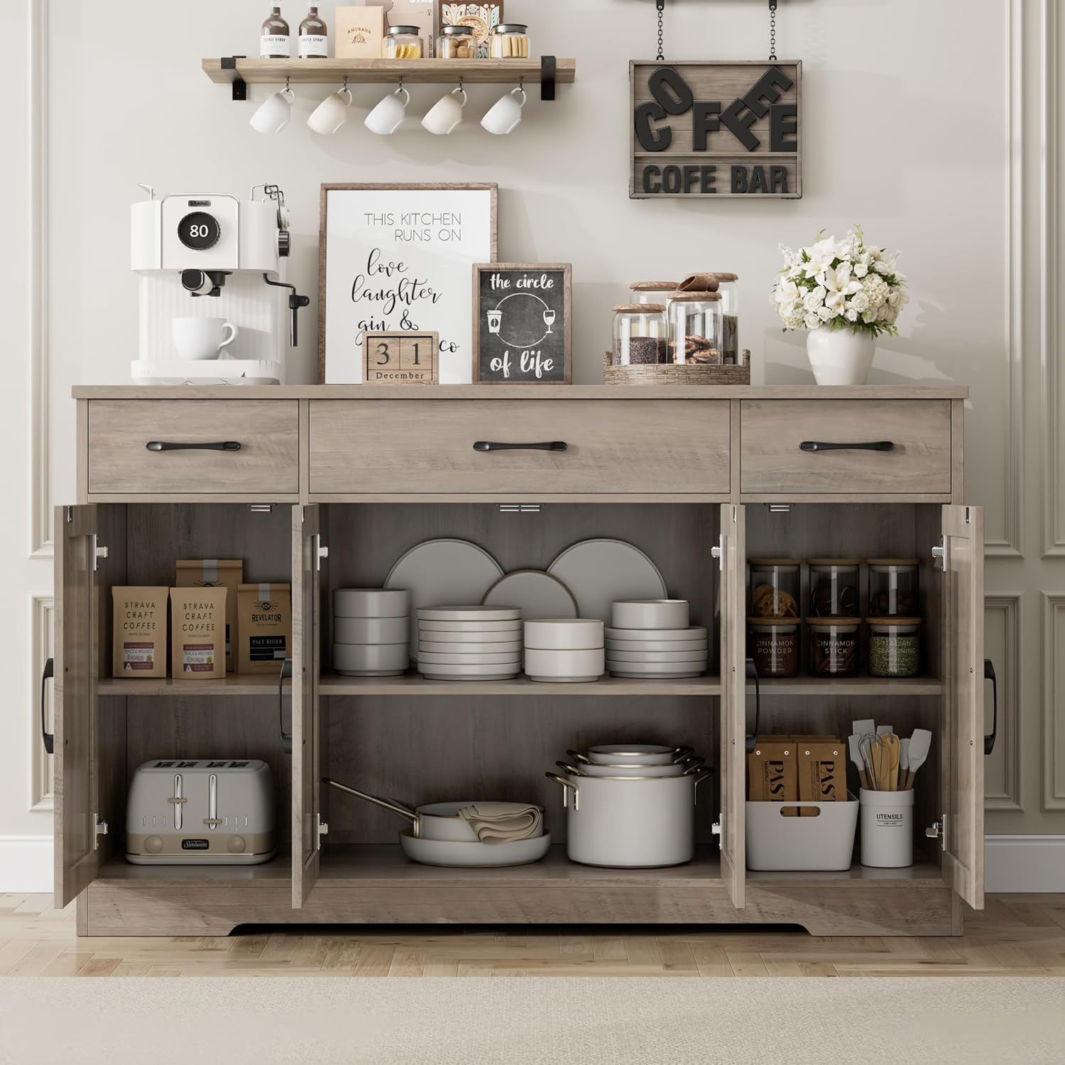 HOSTACK Buffet Cabinet with Drawers, 55" Large Sideboard Buffet Storage Cabinet with Shelves and Doors, Modern Farmhouse Coffee Bar Station Wood Kitchen Table for Kitchen, Dining Room, White/Rustic wourant