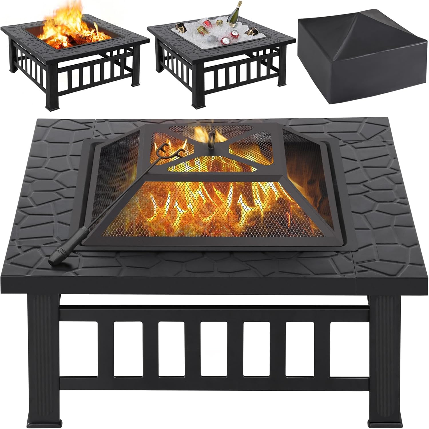 Yaheetech Multifunctional Fire Pit Table 32in Square Metal Firepit Stove Backyard Patio Garden Fireplace for Camping, Outdoor Heating, Bonfire and Picnic wourant