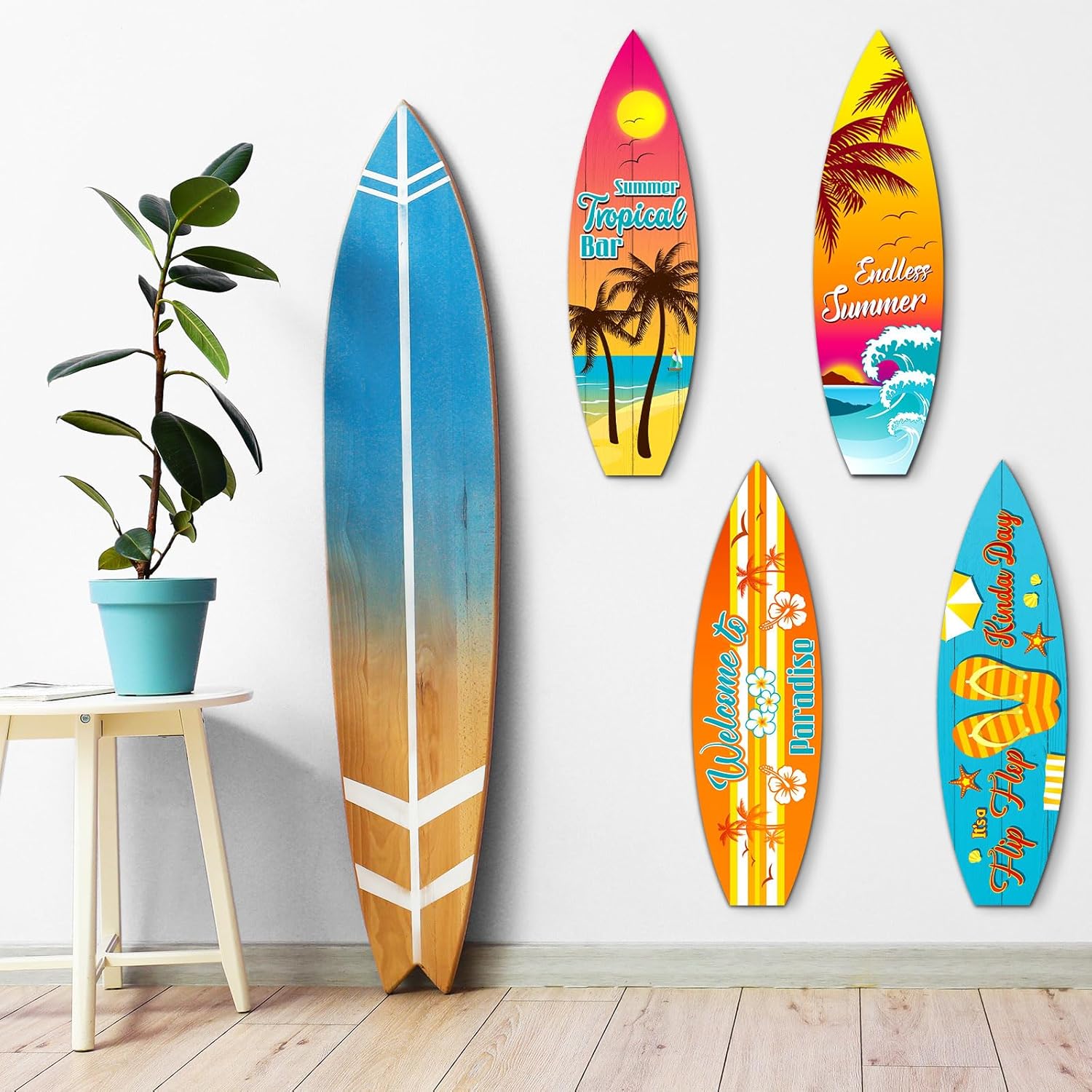 Blulu 4 Pcs Surfboard Wall Decor Surfboard Wall Hanging Sign Wooden Beach Decoration Summer Theme Decor Hawaiian Luau Party Decoration for Home Bar Aloha Tropical Birthday Party(Tiki) wourant