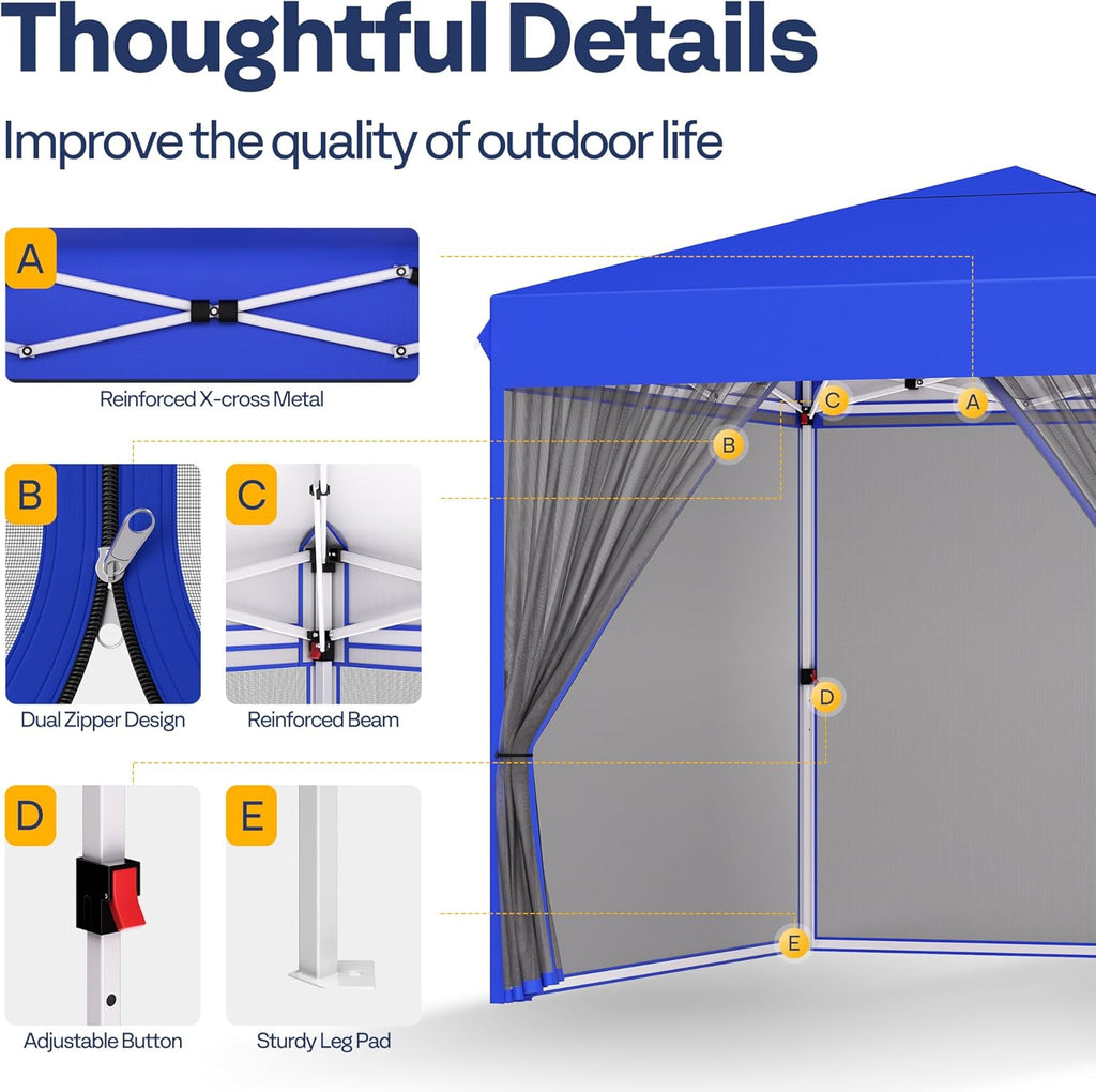 10x10ft Easy Pop-Up Canopy, Outdoor Screen Tent with Mosquito Netting, 2 Zipper Doors, and Roller Bag for Yard Camping Picnic Party Events, Beige wourant