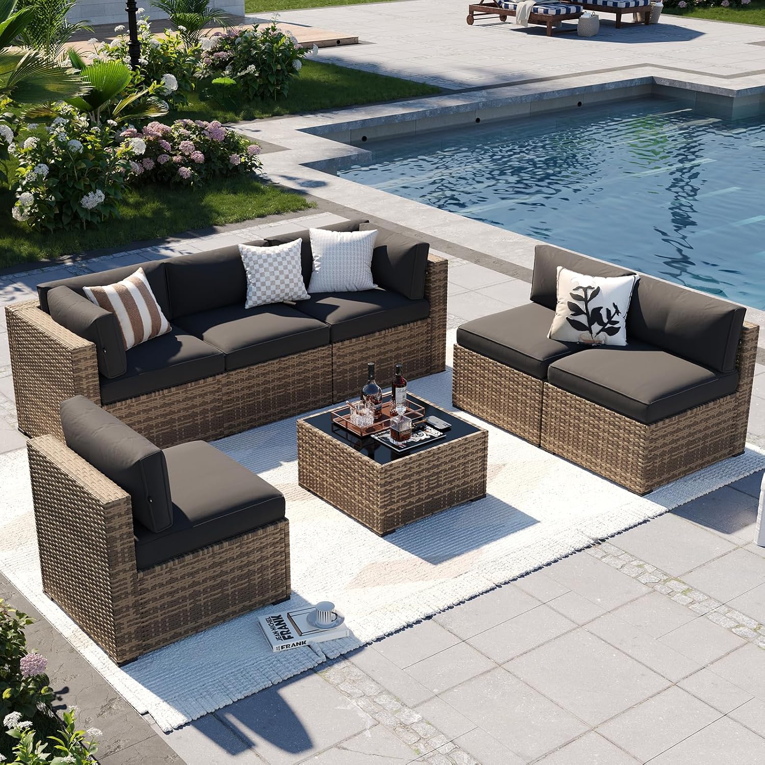Aoxun Patio Furniture Sets, 7-Piece Outdoor Patio Furniture with Thick Cushions, Wicker Outdoor Conversation Set Sectional Sofa for Backyard, Poolside, Garden woonhhop