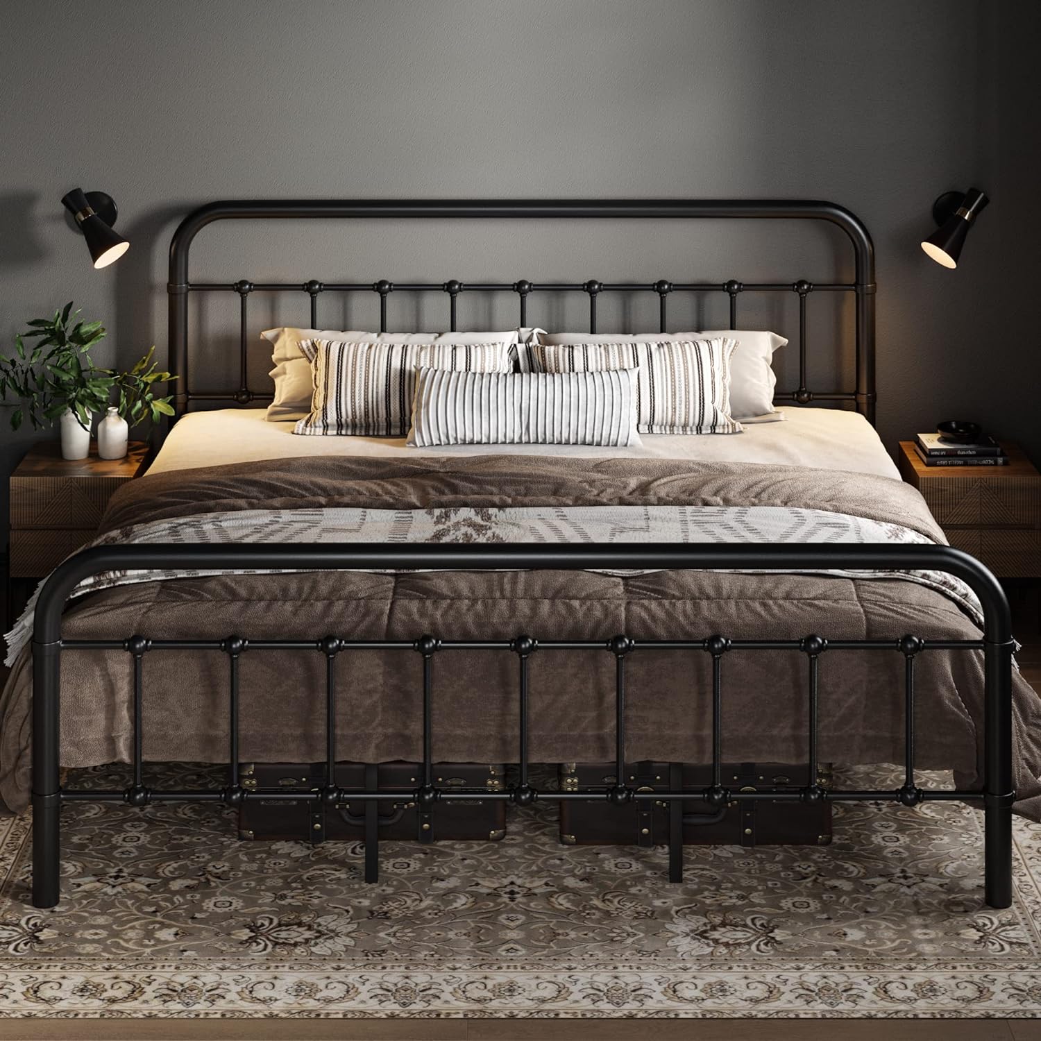 Allewie Queen Size Metal Platform Bed Frame with Victorian Style Wrought Iron-Art Headboard wourant