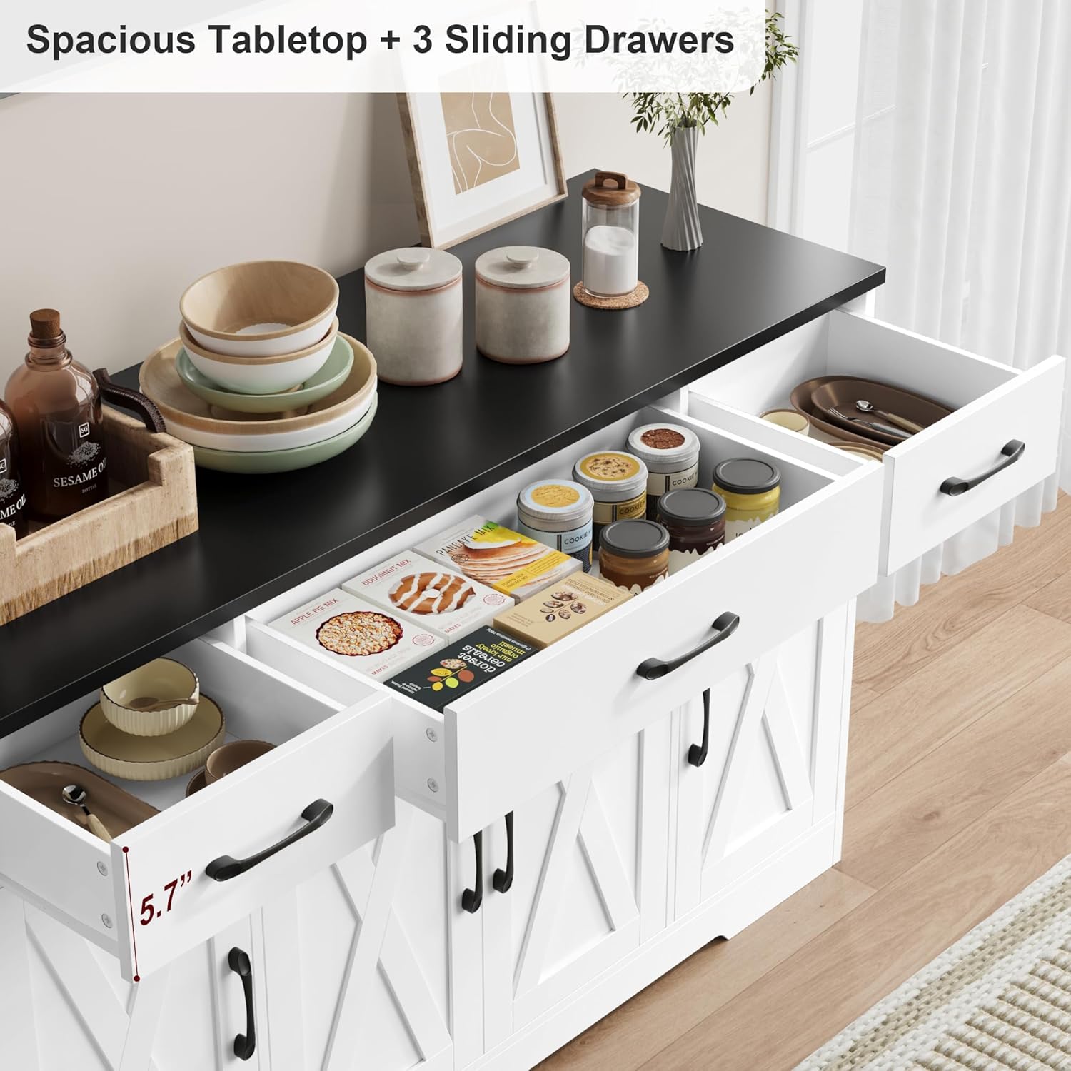 HOSTACK Buffet Cabinet with Drawers, 55" Large Sideboard Buffet Storage Cabinet with Shelves and Doors, Modern Farmhouse Coffee Bar Station Wood Kitchen Table for Kitchen, Dining Room, White/Rustic wourant