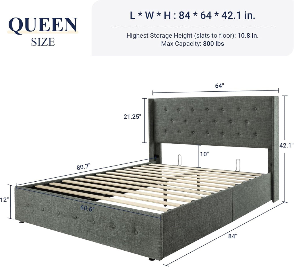 Allewie Queen Size Lift Up Storage Bed Modern Wingback Headboard Hydraulic Support wourant