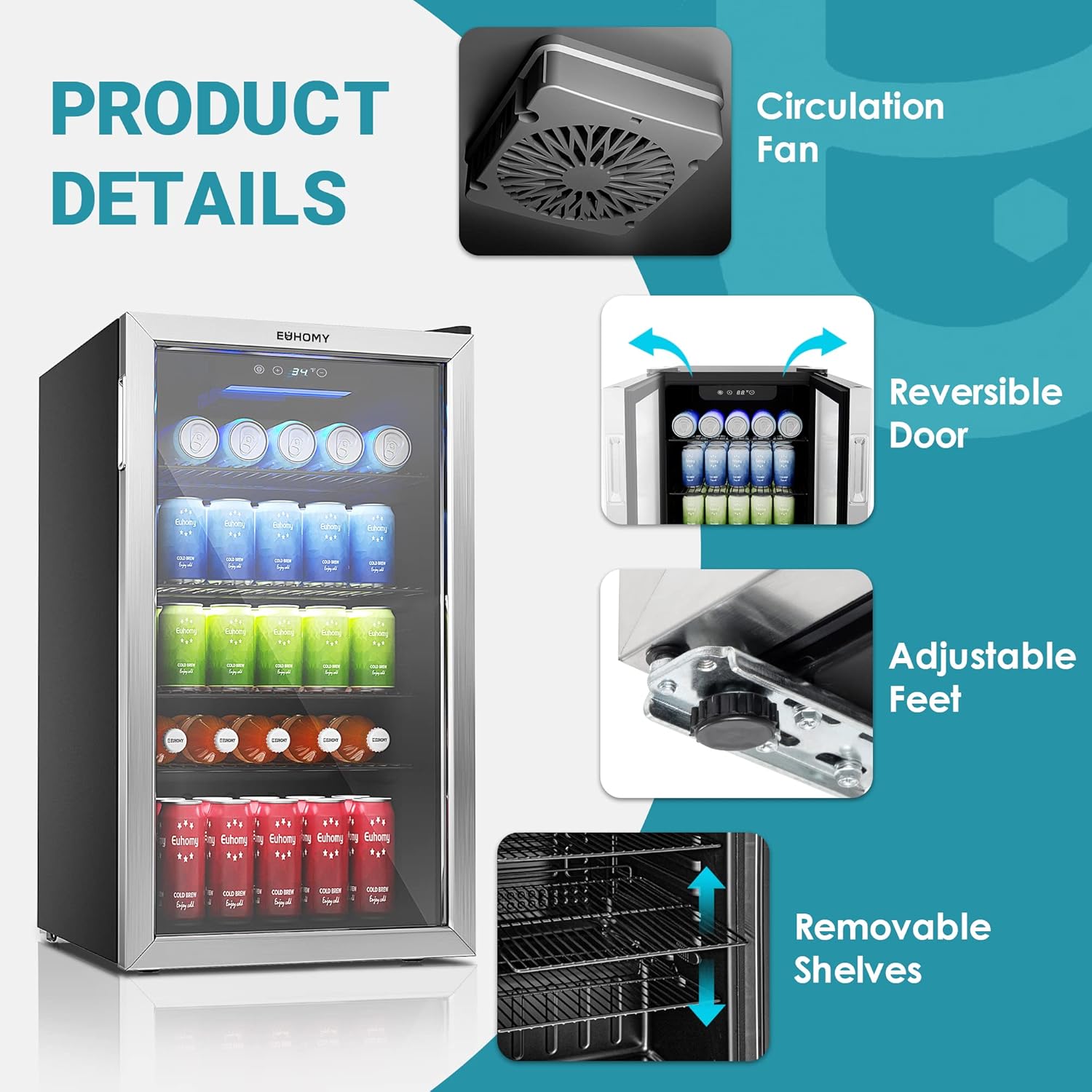 EUHOMY Beverage Refrigerator Cooler, 130 Can Mini Fridge with Glass Door for Soda Beer or Wine, Beverage Cooler for Home, Office, Bar with Adjustable Removable Shelves, Silver wourant