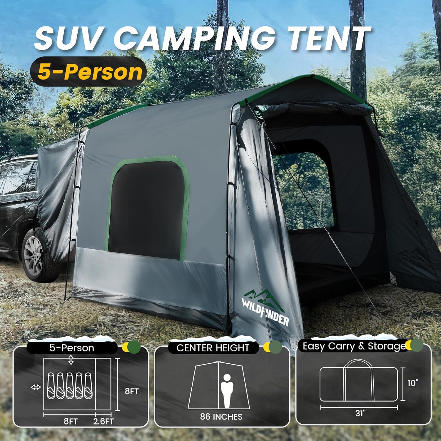 SUV Tent, 5-9 Person Rectangle Car Tent for Family, Waterproof & Windproof for Car Camping, Large Camping Tents with Storage Bag, SUV, Van, Jeep, Pickup 8FT L x 10.6FT W x 7.2FT H wourant