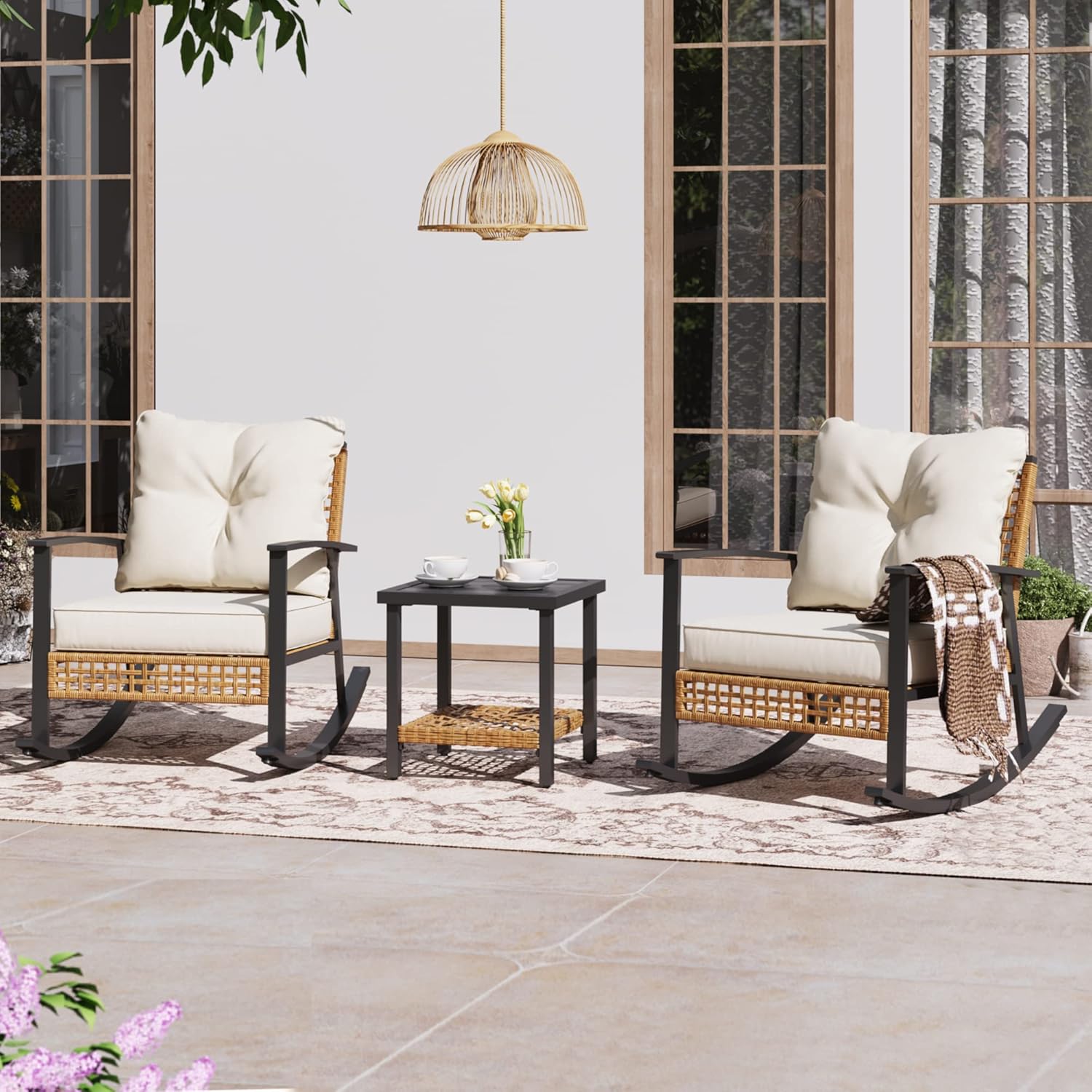 LAUSAINT HOME 3 Piece Rocking Bistro Set Outdoor Patio Furniture Oversize Rattan Conversation Set wourant