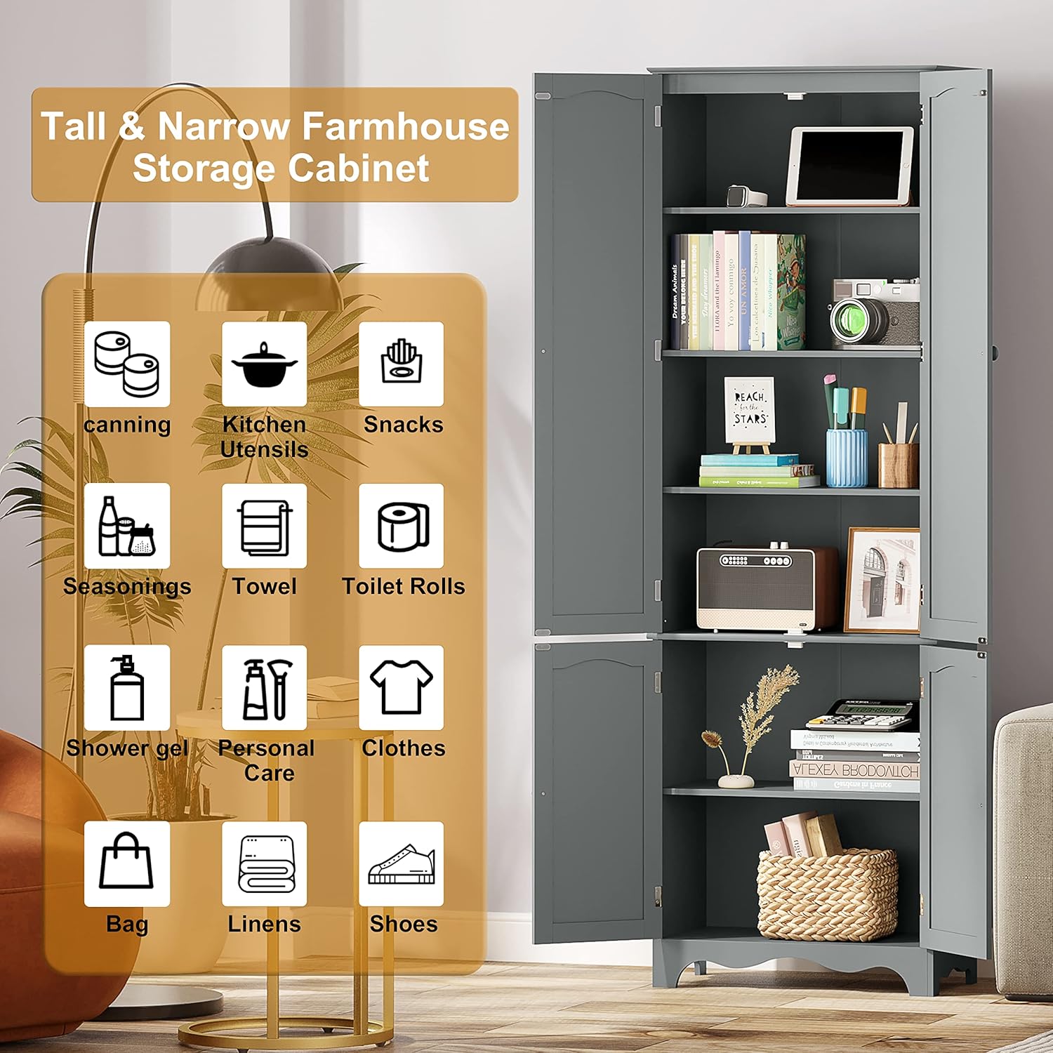 Tall Pantry Cabinet, Freestanding Storage Cabinet, Wooden Kitchen Pantry with 4 Doors and 5 Shelves, 72" Floor Cabinet Organizer wourant