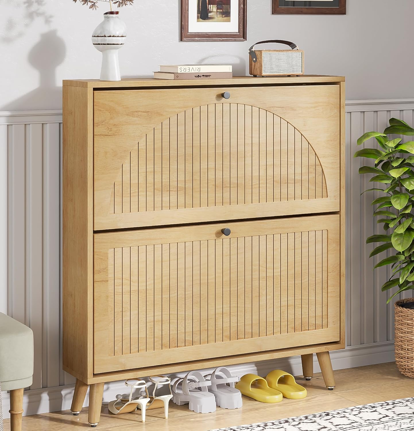 Entrance shoe cabinet with 2 flip-top drawers, narrow wooden shoe cabinet with fluted panels wourant