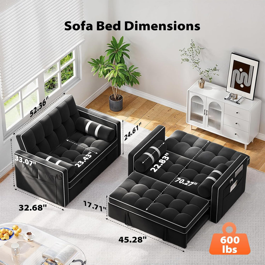 Pipishell 3 in 1 Convertible Sleeper Sofa Bed,Pull Out Couch for Living Room with USB Ports & Side Pockets,Adjustable Backrest,Velvet,Loveseat Sofa Bed,Futon Couches,Black wourant