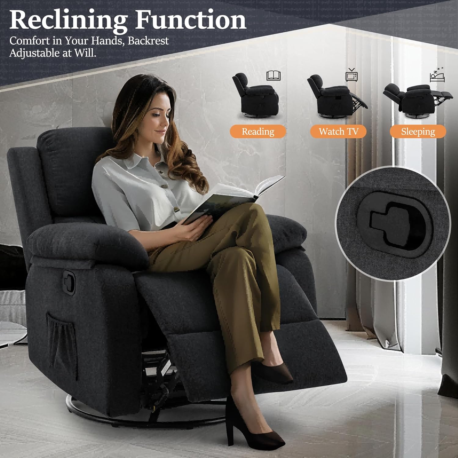 Reclining rocking chair 360 degree rotating fabric sliding reclining chair wourant