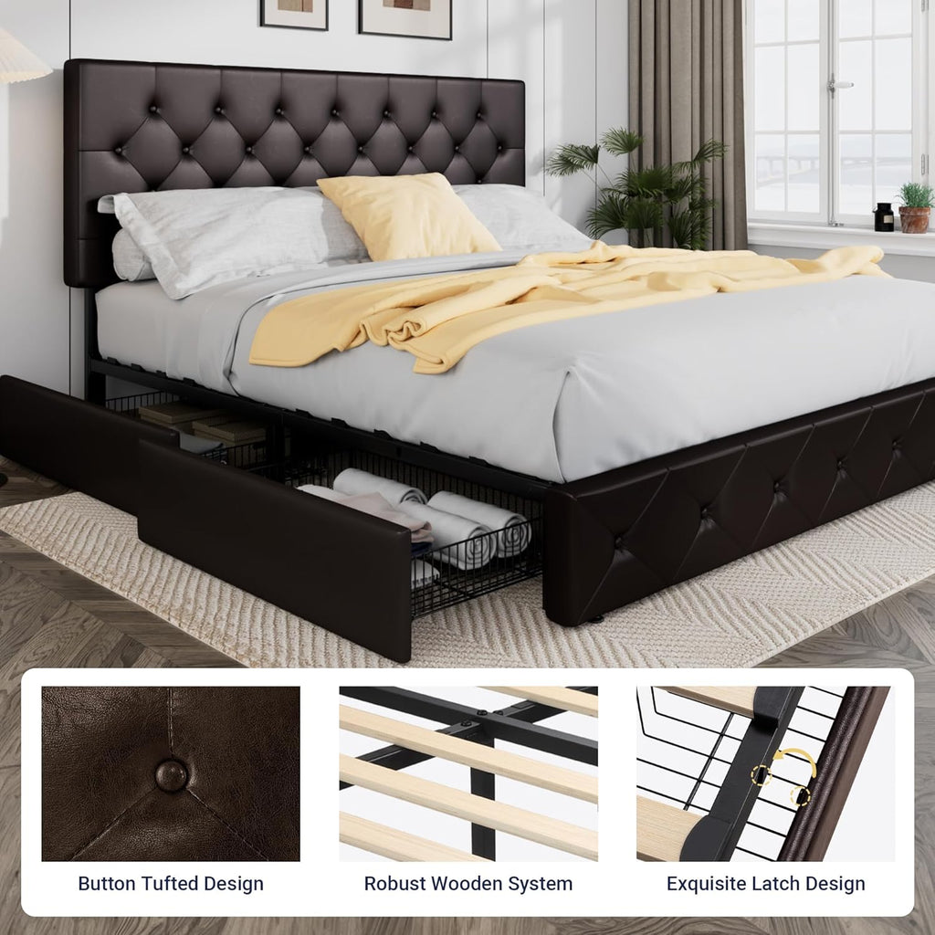 Allewie Upholstered Queen Size Platform Bed Frame with 4 Storage Drawers and Headboard wourant
