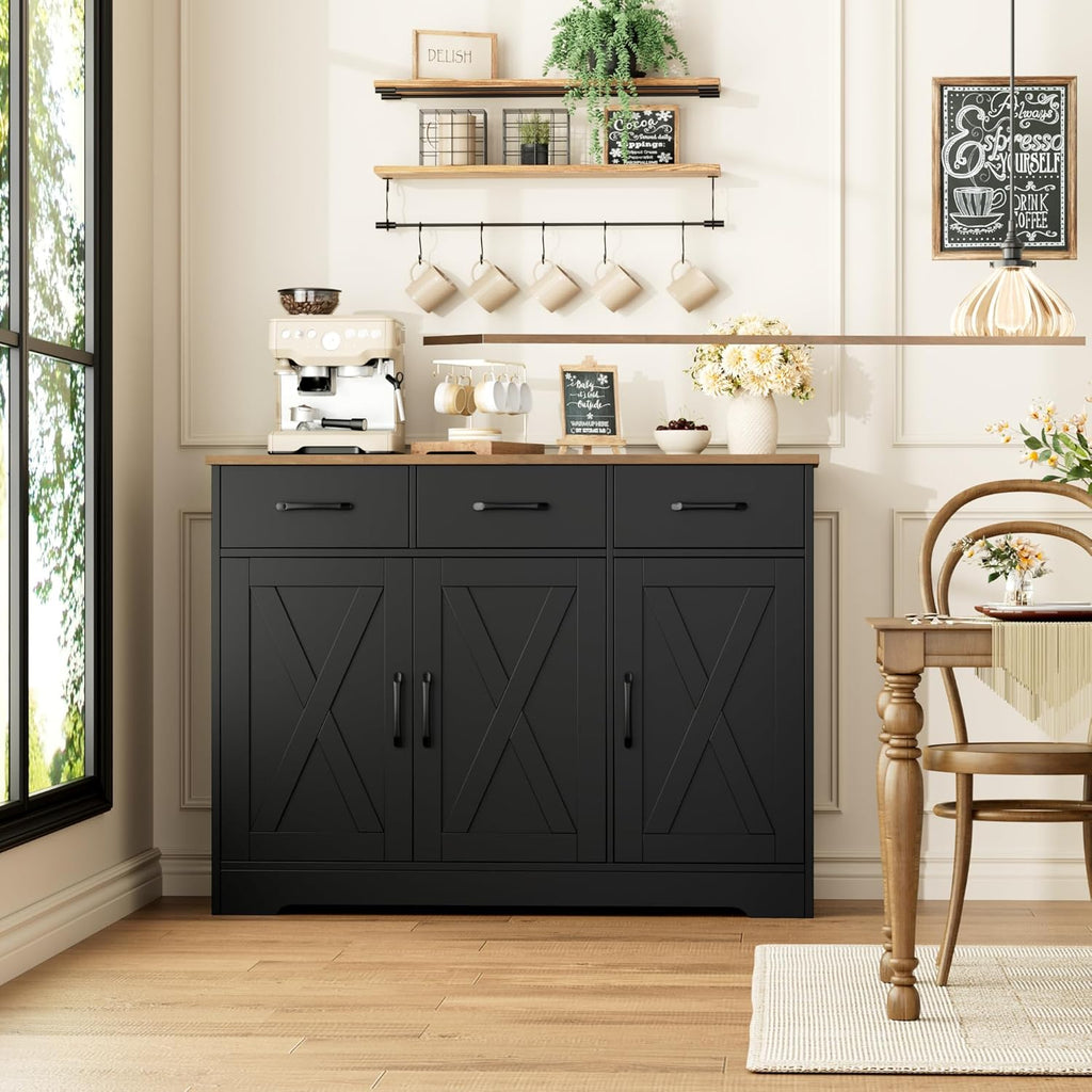 Modern farmhouse sideboard, barn door buffet storage cabinet with drawers and shelves, wooden coffee bar with storage wourant