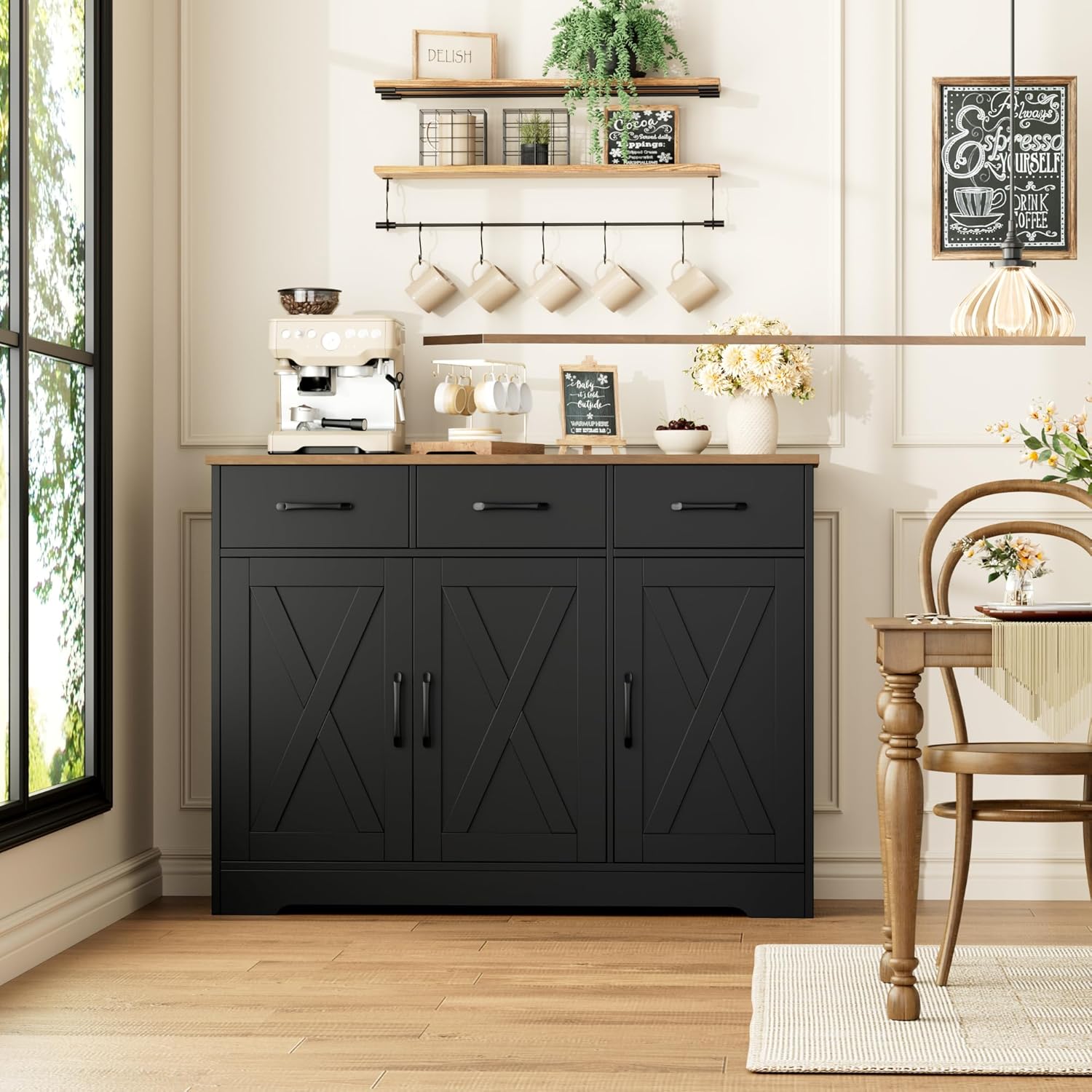 Modern farmhouse sideboard, barn door buffet storage cabinet with drawers and shelves, wooden coffee bar with storage wourant