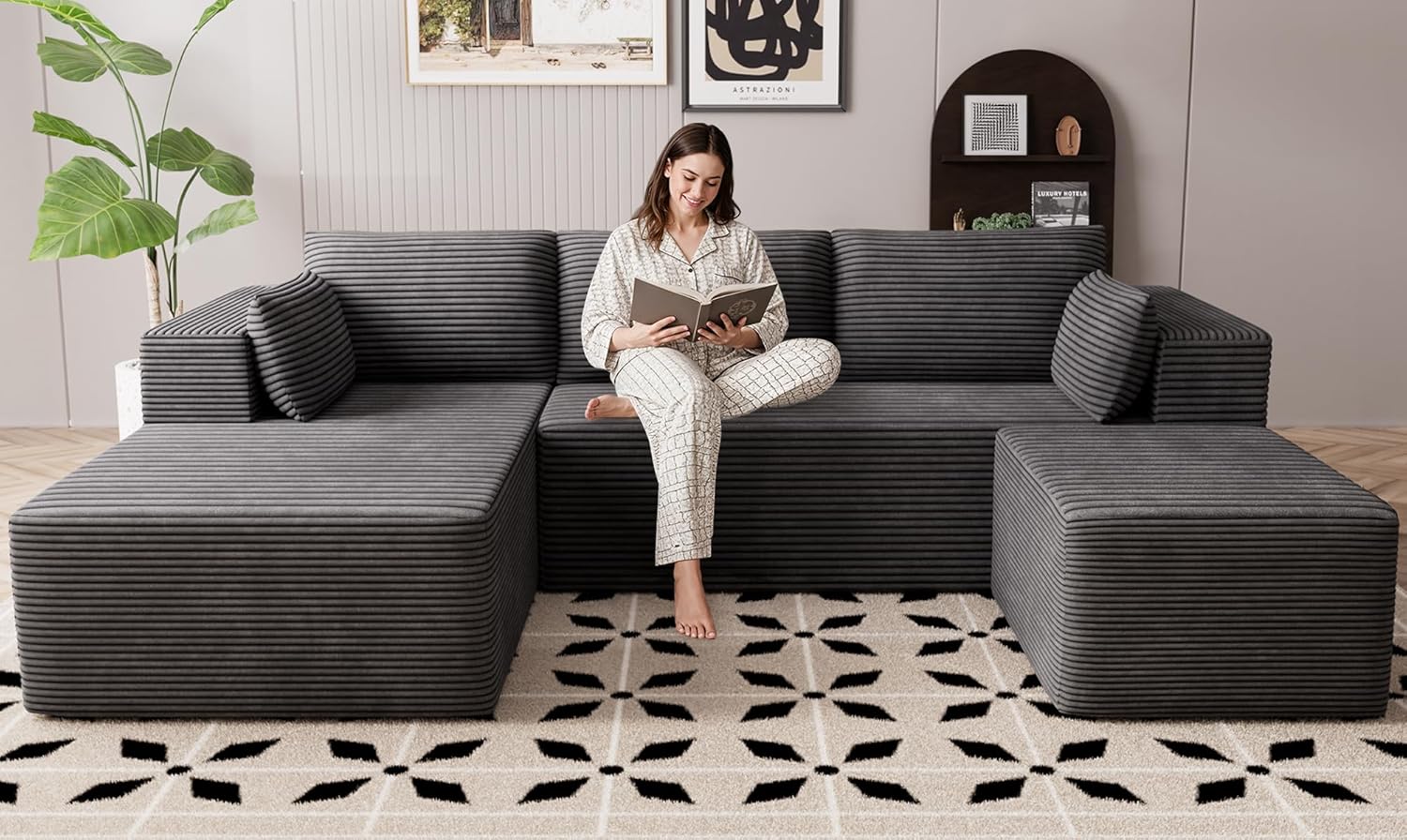 Cloud Sectional Boneless Couches for Living Room, Modular L Shaped Couch with Deep Seat Oversized Right Facing Chaise, Memory Foam Compressed Spineless 3 Seater Sofa for Apartment, Black | No Assembly Required, Deep Seat, Cat-Claw Resistant, High-Resilien wourant