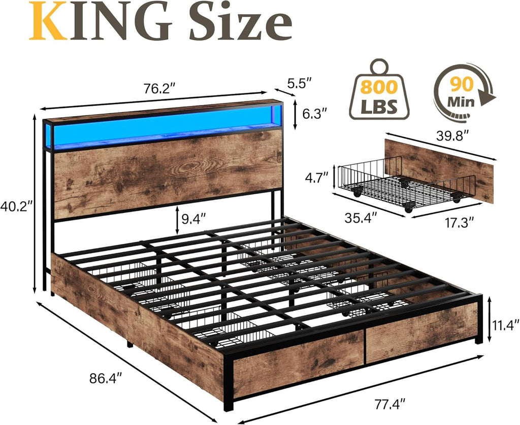 Lifezone Queen Bed Frame with 2-Tier Storage Headboard, Metal Platform Bed Frame with 4 Storage Drawers, Built in Charging Station & LED, Noise-Free/Metal Support/No Box Spring Needed wourant