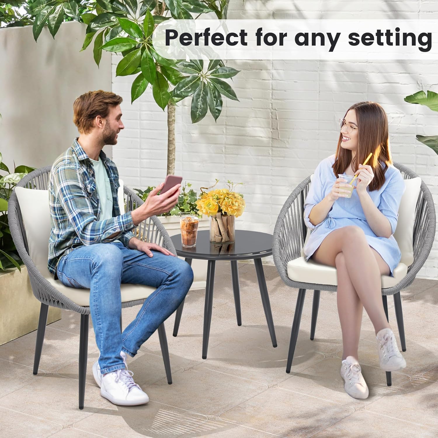 3 Piece Bistro Set, Woven Rope Chair with Cushions, All Weather Patio Conversation Set with Side Table, Ideal for Deck, Balcony, Poolside, Black wourant