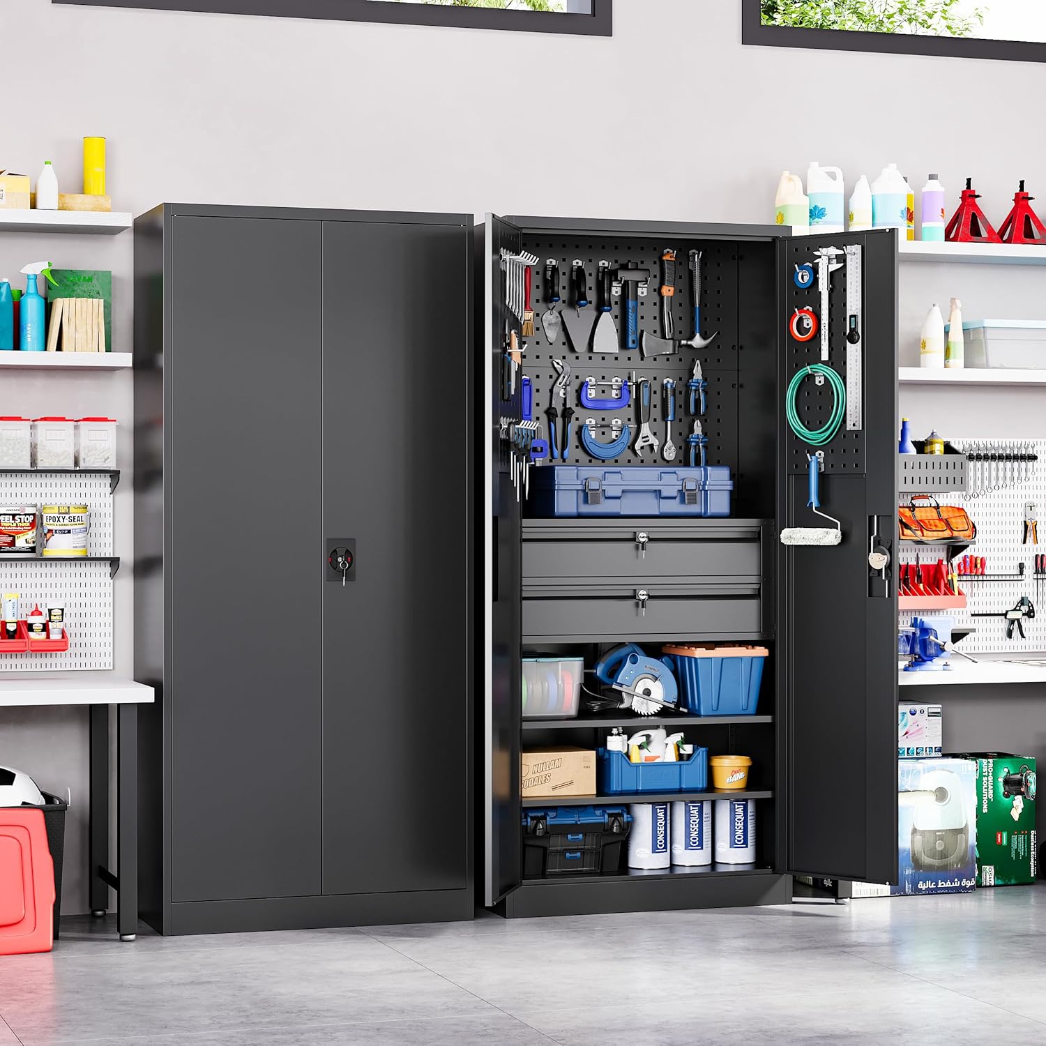 Yizosh Metal Garage Storage Cabinet with Locking Doors and 2 Drawers, Heavy Duty Steel Tool Cabinet with Pegboard, 71" - Lockable Cabinets for Garage, Warehouse, Basement (Black) wourant