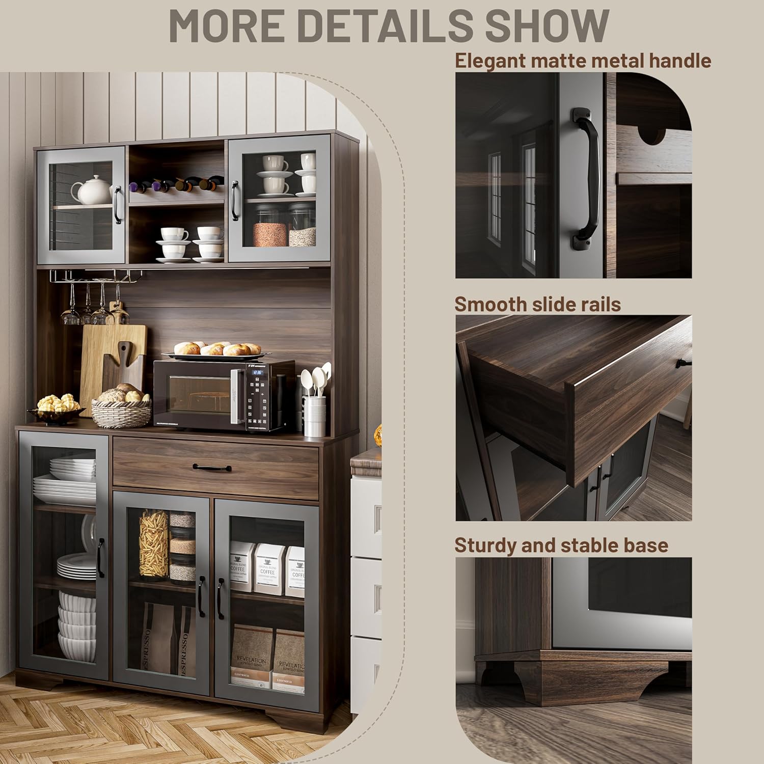 Kitchen Hutch Pantry Cabinet 71" Tall with Glass Doors wourant