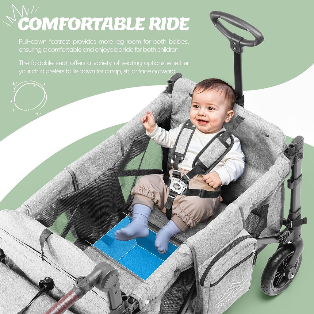 Wagon Stroller for 2 Kids,Premium Wagon for Kids with Removable Canopy, Snack Tray, Convertible Baby Bassinet, 5-Point Safety Harness, All-Terrain PU Wheels & Adjustable Push/Pull Handle,Grey wourant