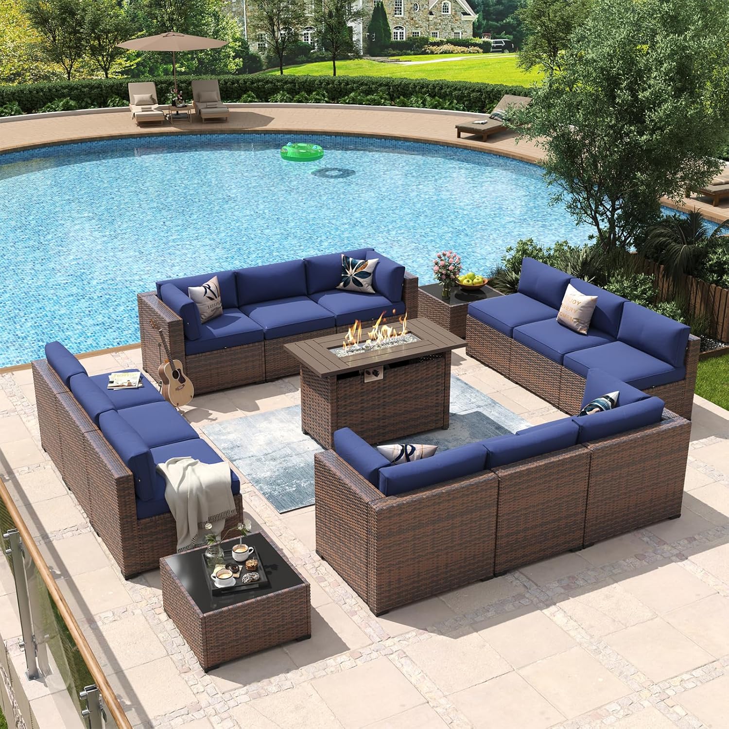 Aoxun 8 Piece Patio Furniture Set with 44?Fire Pit Table Wicker Rattan Outdoor Sectional Sofa Set with Coffee Table and Thickened Cushions, Beige (Waterproof Cover Included) woonhhop