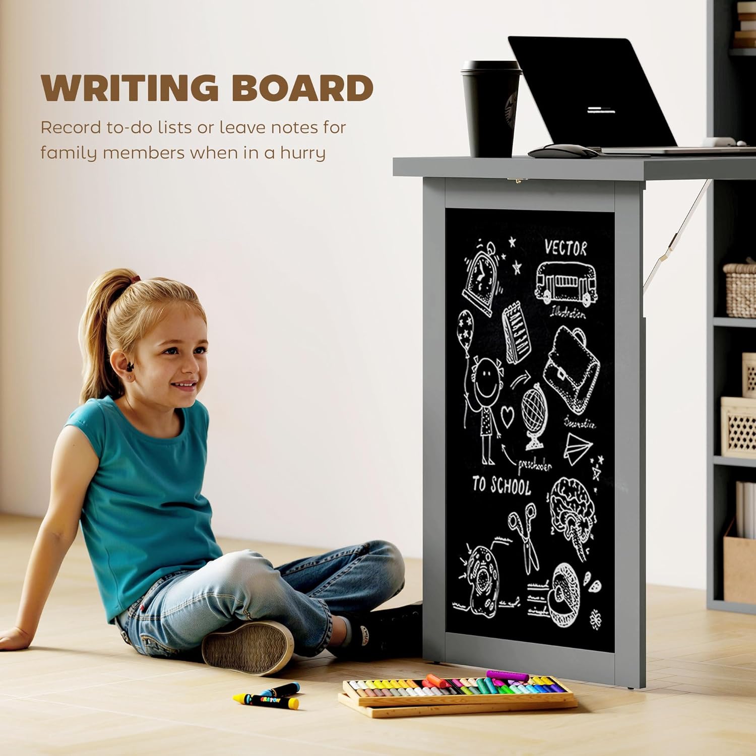 Folding convertible writing desk, wall mounted desk cabinet, multifunctional home office workstation wourant