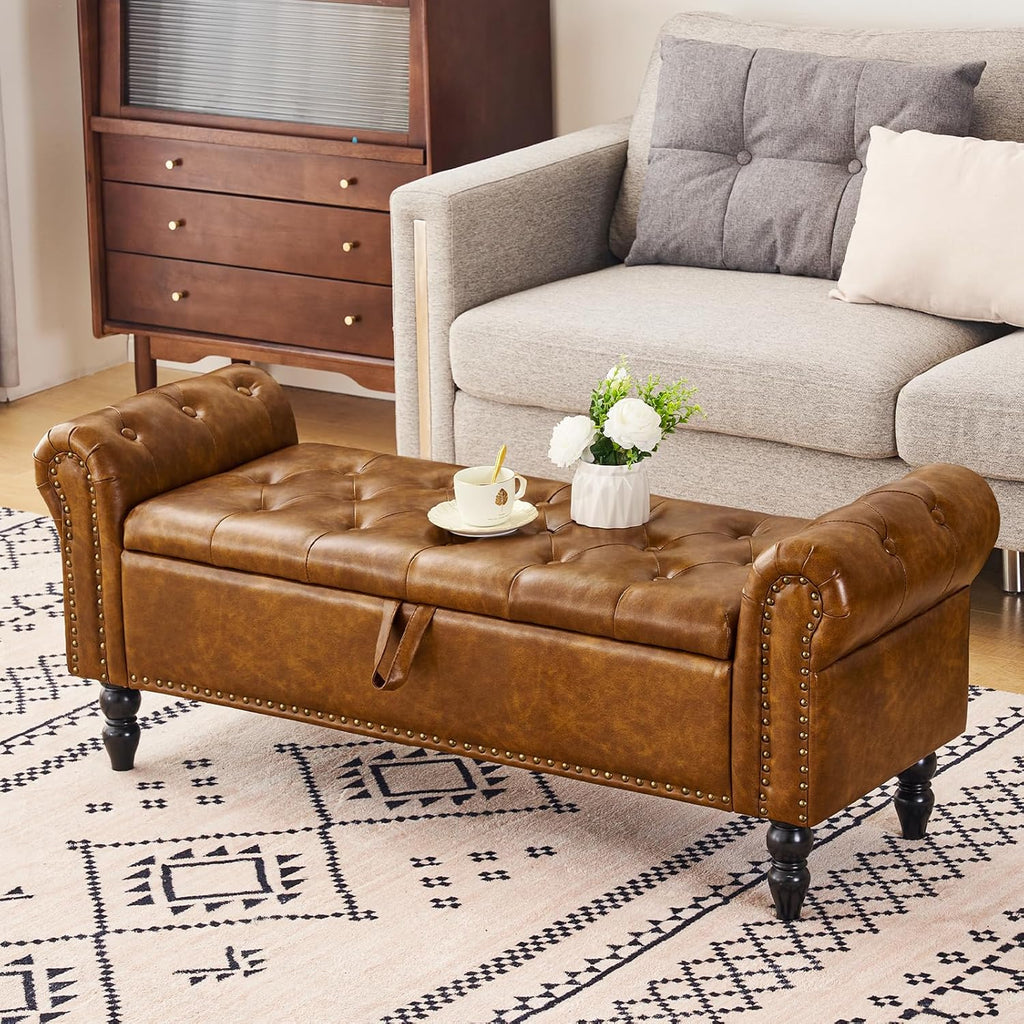 Furniliving Modern Storage Ottoman Bench, Sherpa Ottoman End of Bed Bench with Solid Wood Legs Upholstered Ottoman Benches with Storage Indoor Bench wourant