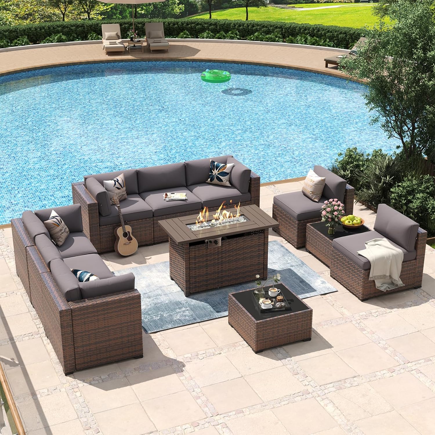 Aoxun 8 Piece Patio Furniture Set with 44?Fire Pit Table Wicker Rattan Outdoor Sectional Sofa Set with Coffee Table and Thickened Cushions, Beige (Waterproof Cover Included) woonhhop