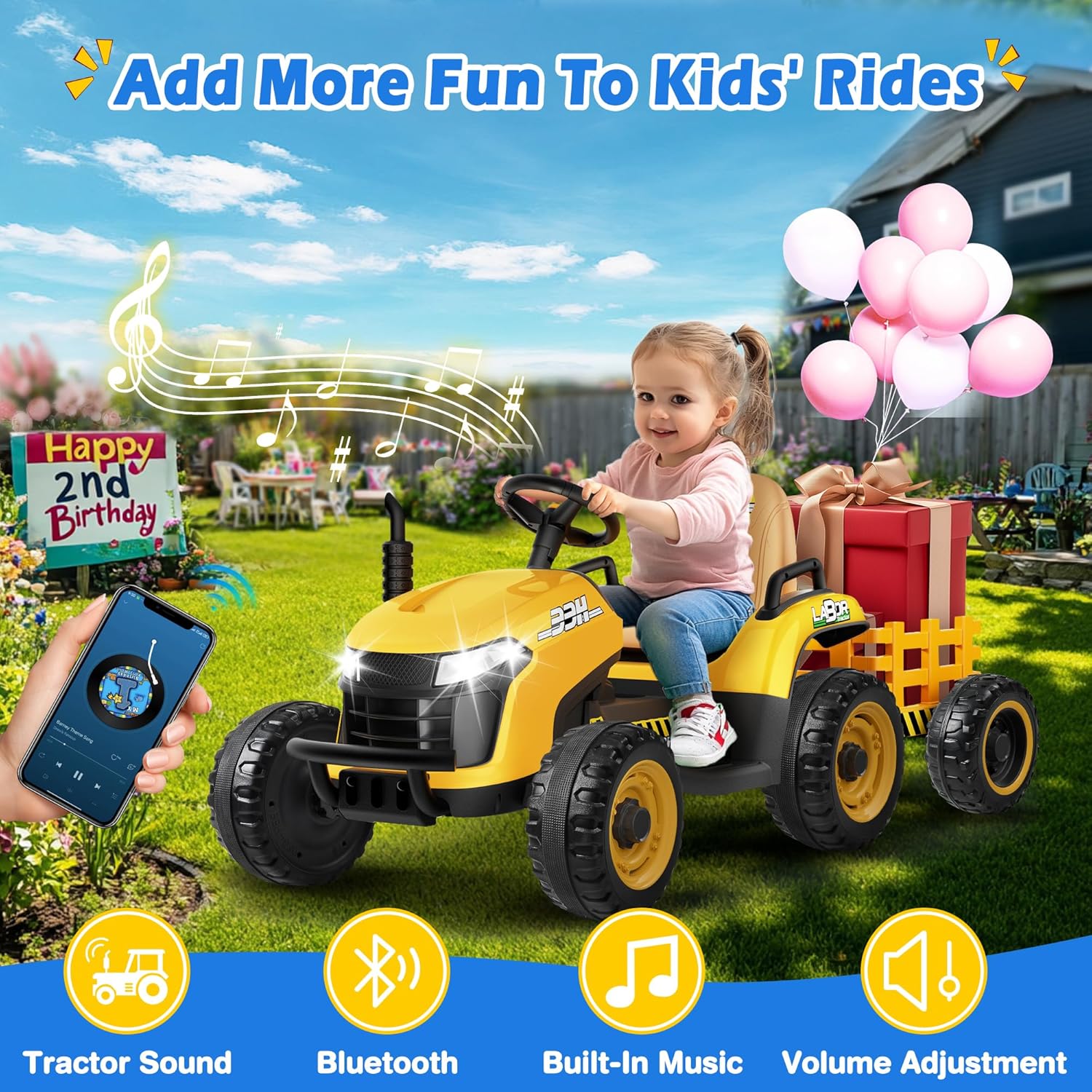 24V Ride On Tractor w/Tiltable & Detachable Trailer, 2x65W Motors, EVA Tires, Remote Control, Bluetooth, Shifter, Music, Electric Car for Kids, Green wourant