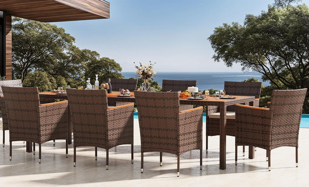 Devoko Dining 7 PCS Furniture, Patio Conversation Set with Acacia Wood Table Top, Rattan Outdoor, Black wourant