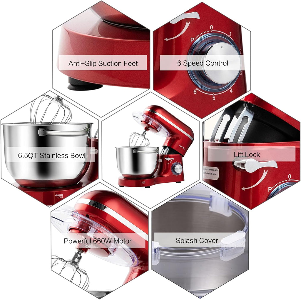 Aucma Stand Mixer,6.5-QT 660W 6-Speed Tilt-Head Food Mixer, Kitchen Electric Mixer with Dough Hook wourant