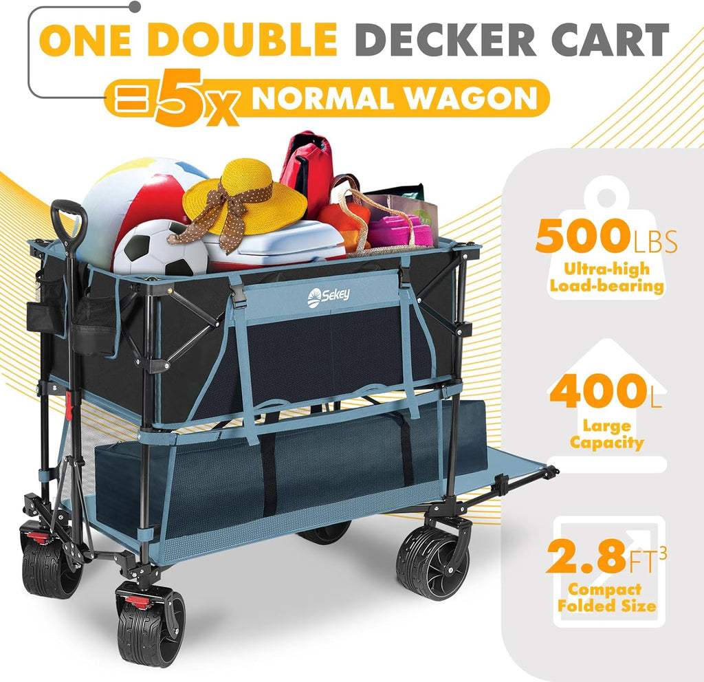 400L Large Capacity Folding Double Decker Wagon with Brakes, 50" Extra Long Extender Cart, 500lbs Heavy Duty Collapsible Wagons wourant