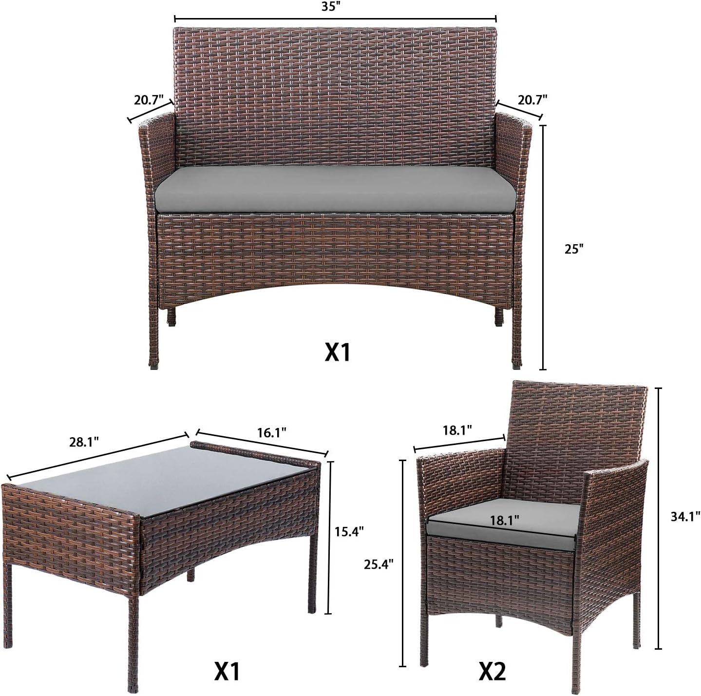 Homall 4 Pieces Outdoor Patio Furniture Sets Rattan Chair Wicker Set, Outdoor Indoor Use Backyard Porch Garden Poolside Balcony Furniture Sets (Grey) wourant