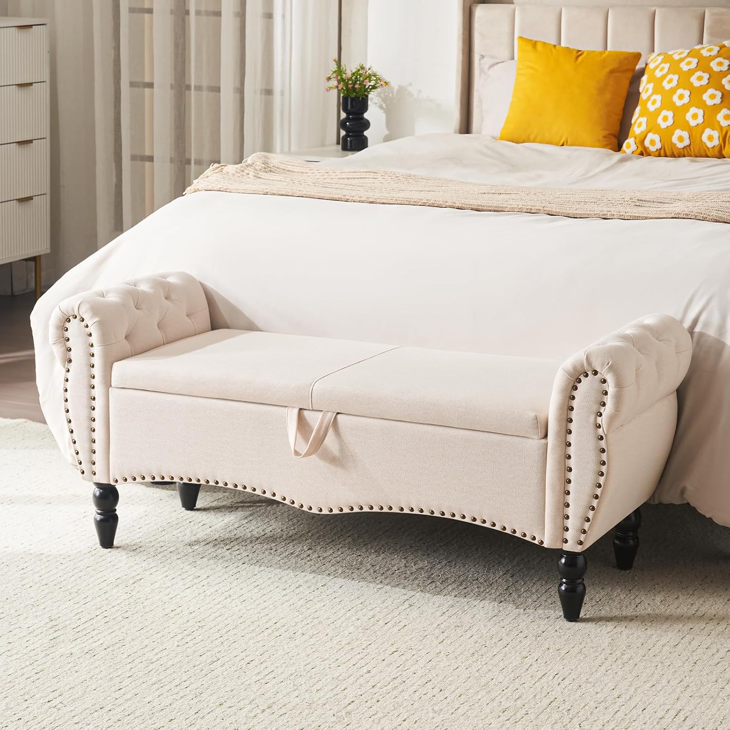 Furniliving Modern Storage Ottoman Bench, Sherpa Ottoman End of Bed Bench with Solid Wood Legs Upholstered Ottoman Benches with Storage Indoor Bench wourant