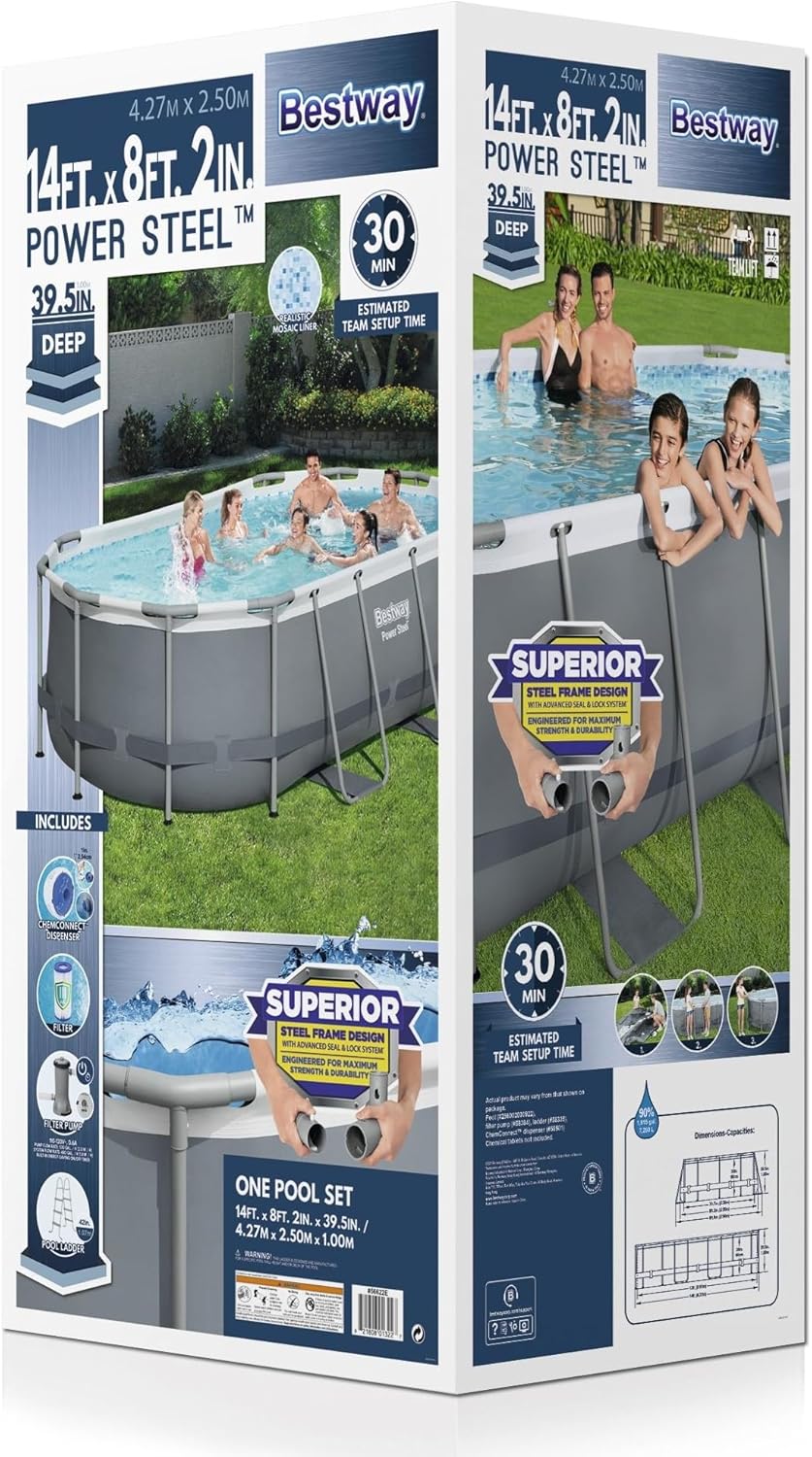 Power Steel 14' x 8'2" x 39.5" Oval Above Ground Pool Set | Includes 530gal Filter Pump, Ladder, ChemConnect Dispener wourant